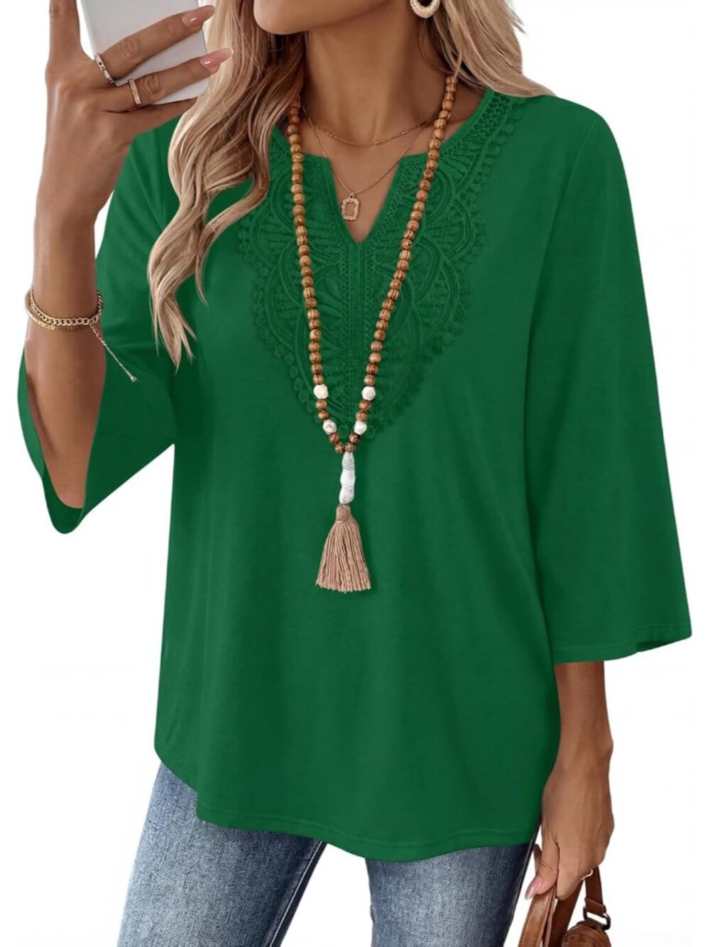 3/4 Length Sleeve Womens Tops Boho V Neck Lace Shirt Vacation Clothes Trendy Blo